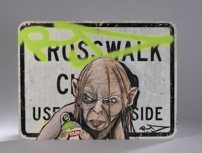 peinture représentant un troll sur un panneau indiquant « passage piéton : à utiliser uniquement par ce côté »