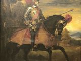 painting of a man in armor riding a horse with a sword