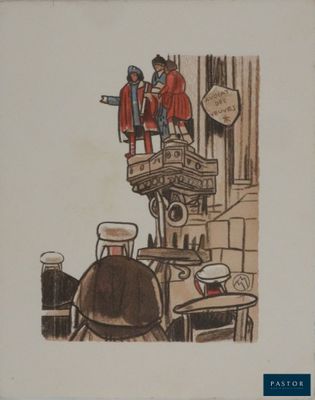 une photo représentant un dessin d'un homme et d'une femme sur un balcon