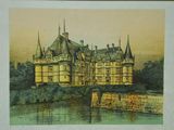 painting of a castle on a river with a bridge in the foreground