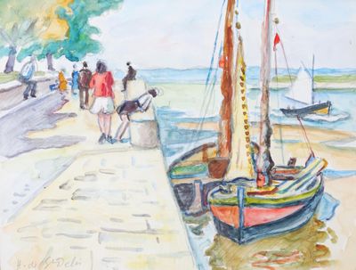 un tableau représentant des personnes marchant le long d'une jetée où sont amarrés des bateaux