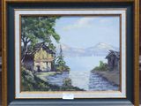painting of a house by the water with a sailboat in the background