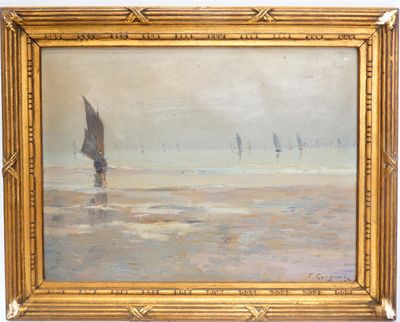 une peinture à l'huile représentant un voilier sur la plage, dans un cadre doré