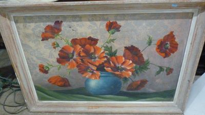 une image d'un tableau de fleurs dans un vase bleu