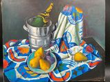 un tableau représentant une corbeille de fruits et une bouteille de vin