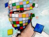 tableau représentant un homme portant un masque multicolore sur le visage