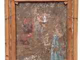 an old painting of a woman in a blue dress is hanging on a wall
