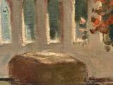 an oil painting of a house with a thatched roof and flowers in a vase on a table