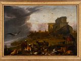 une image représentant un tableau où l'on voit des personnes et des animaux dans un champ