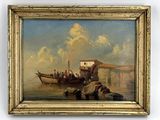 une peinture à l'huile représentant un groupe de personnes sur un bateau au milieu d'un plan d'eau