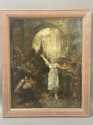 une image représentant un tableau où l'on voit une femme en robe blanche tenant un parapluie