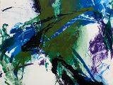 peinture abstraite dans des tons de bleu, de vert et de violet sur fond blanc