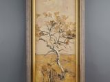 a painting of a tree in a field with a sky in the background