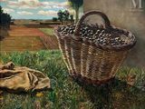 un tableau représentant un panier de pommes dans l'herbe