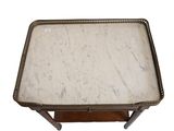 a marble top coffee table with wooden legs