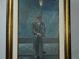 un tableau représentant un homme en costume et chapeau tenant un lampadaire