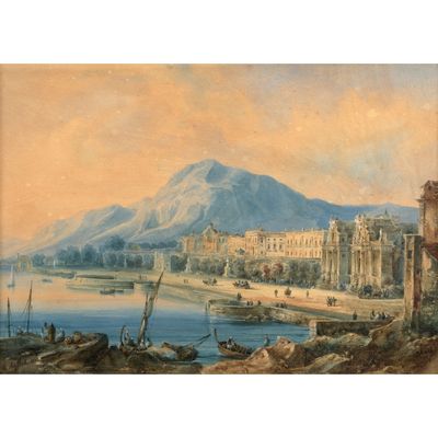 une image représentant un tableau représentant une vue d'une ville avec une montagne en arrière-plan