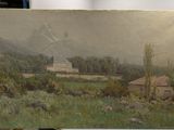a picture of a painting of a house in the middle of a field