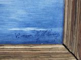 an image of a painting of a boat in the water with a sky background