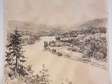 dessin représentant un paysage avec une rivière et des arbres au premier plan