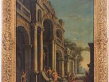 an oil painting of a street scene with figures and buildings