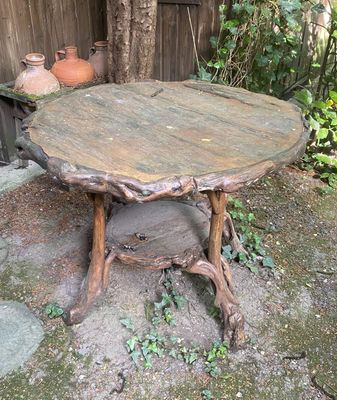 a table made out of a tree stump and a potted plant