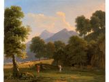 an image of a painting of people in a field with a mountain in the background