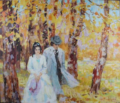 tableau représentant un homme et une femme se promenant dans une forêt