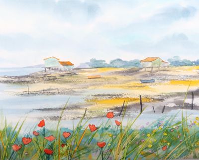 a watercolor painting of a beach scene with a boat in the water