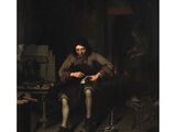 a painting of a man sitting in a dark room holding a book