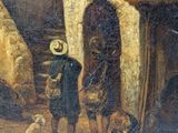painting of a man and a woman walking down a street with a dog