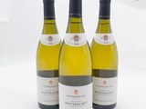 trois bouteilles de vin blanc posées l'une à côté de l'autre sur une surface blanche