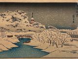 une image représentant un tableau d'un paysage enneigé avec un pont enjambant une rivière