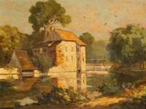 an oil painting of a house by a river with a bridge in the background
