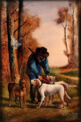 tableau représentant un homme et deux chiens dans un environnement boisé