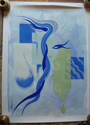 peinture représentant le visage d'une femme, dans des tons de bleu et de vert