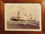 painting of a ship in the water with a flag on it