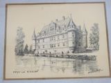 drawing of a castle on a river with a boat in front of it