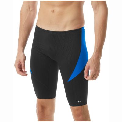 a man wearing a black and blue swim suit with a blue side stripe