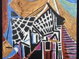 un tableau représentant une girafe debout devant un immeuble