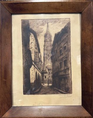 dessin encadré représentant une scène de rue avec un clocher d'église en arrière-plan