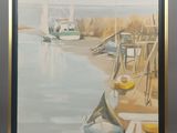 peinture à l'huile encadrée représentant un bateau amarré au bord d'un lac