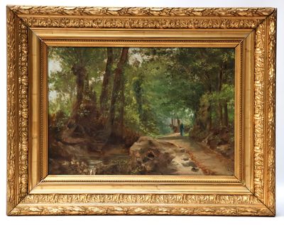 un tableau représentant un homme marchant sur un sentier dans les bois