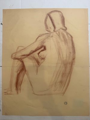 drawing of a person sitting on a chair in a room