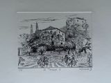 a black and white drawing of a house on a hill