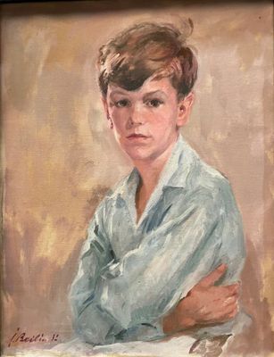 painting of a boy in a blue shirt with his arms crossed