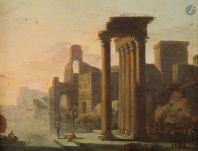 tableau représentant une vue d'une ville romaine avec des ruines et des personnages au premier plan