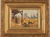 une peinture à l'huile représentant des poulets dans un décor de ferme
