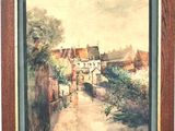 an old painting of a village street with houses in the background