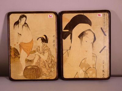 pair of asian paintings of a woman and a man with umbrellas